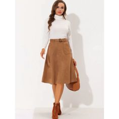 Nwt Women's Allegra K Casual Faux Suede Pockets Stretch A-Line Midi Skirt With Belt Caramel Our Items Are Carefully Examined, Measured & Photographed In A Smoke Free Environment. We Do Our Best To Describe Accurately & Measure Approximately At The Time Of Listing. Please See Photos For Measurements, Fabric Contents, & Care Instructions. Midi Suede Skirt, Outfit Navidad, Midi Skirt With Belt, Aline Midi Skirt, Suede Midi Skirt, Cage Skirt, Midi Skirt With Pockets, Ruffle Bodycon, Black Lace Skirt