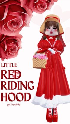 a little red riding hood doll holding a basket with roses in the background and text that reads, little red riding hood