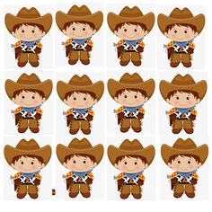 a set of cartoon cowboys with different poses and hats on their heads stock photo - budget cut outs