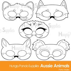 four animal masks with the words, hug panda supplies aussie animals on each mask