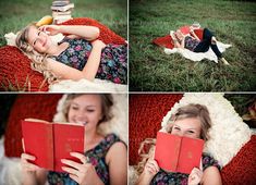 a woman laying on the ground reading a book and laughing while lying on a blanket