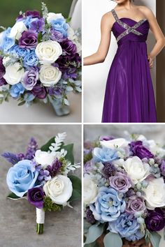 four pictures of different types of flowers in purple, blue and white colors with the bride's bouquet