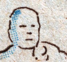 a drawing of a man is shown on the side of a wall with blue dots