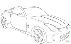 a drawing of a sports car with stripes on it's hood and side view