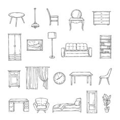 hand drawn furniture set in black and white