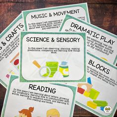 four posters with words and pictures on them that describe the different activities involved in making music and movement