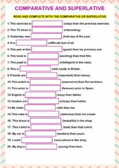 a printable worksheet with the words comparative and superlative