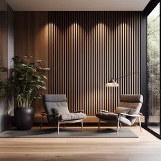 two chairs and a potted plant in front of a wall with vertical slats