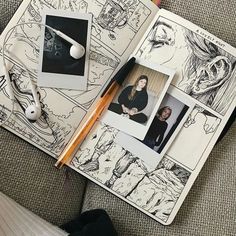 an open book with pictures and pencils on it