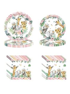 four plates with giraffes and flowers on them