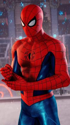 the amazing spider - man is standing in front of a cityscape with his arms crossed