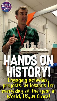 a man standing in front of a cake with the words hands on history