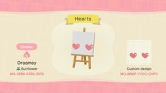 an animal crossing game screen with hearts on the easel and other items for sale