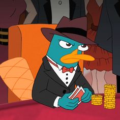 a cartoon character sitting at a table with stacks of coins