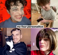 four different pictures of people with their faces painted red and black, one has a cat on his shoulder