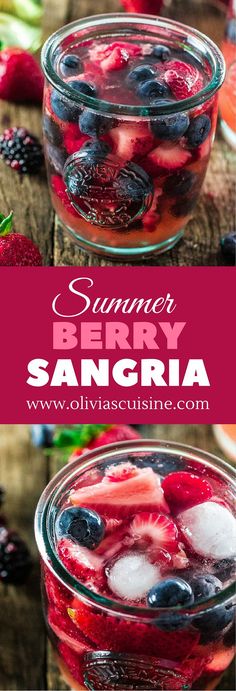 two jars filled with berries and ice on top of a table