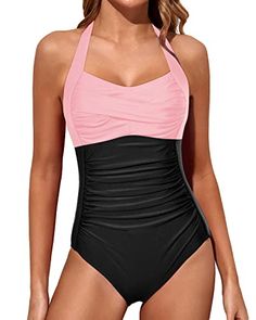 Adjustable self-tie halter neck, padded push up wireless molded cup bra provides support and a sweetheart neckline accentuates the bust. Ruched pattern in the torso and high waisted tummy control swimsuit accentuates your curves and hides imperfections perfectly while still being flattering. The retro slimming one piece bathing suits swimwear for women is suitable for summer beach, pool side party, sunbathing, indoor pool, seaside, summer holidays and so on.Features: Swimwear Type: one piece ... Vintage Bathing Suits, Halter Swimwear, Swimsuit Material, Spandex Top, Vintage Swimwear, Halter One Piece Swimsuit, Vintage Swimsuits, One Piece Swimsuits, Black Swimwear