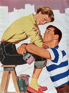 an old magazine cover with a man painting the face of a boy on a stool