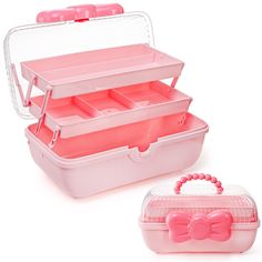 two pink plastic containers with bows on the handles and lids, one is filled with compartments for small items