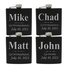 PRICES MAY VARY. Engraving - Customize with names, wedding roles and a date. And the price per flask automatically discounts the more you buy. Buy the flask only or choose the gift box option and it will come with a funnel, 4 shot glasses and a presentation box. Size - Holds 6oz of your favorite spirit and comes beautifully engraved in silver on your black matte flask Great Gift - Perfect for the bachelor party or wedding day for the entire party. The groom, groomsmen, ushers, best man can all h Gifts For Groomsmen, Groomsmen Flask, Custom Flask, Wedding Roles, Flask Set, Flask Gift, Entertainment Bar, Groom Gift, Gifts For Wedding Party