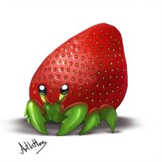 a red strawberry sitting on top of a white floor next to a drawing of it's face