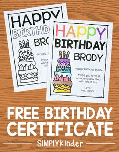 two birthday cards with the words happy birthday and free birthday certificate