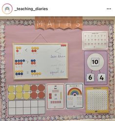 a bulletin board with lots of different items on it and the words maths written in large letters