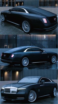 three different views of a black car with chrome wheels and rims on the front