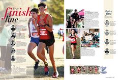 an article about the finish line in a sports magazine, with photos of runners running