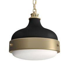 a black and gold pendant light hanging from a chain