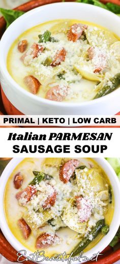 two bowls filled with different types of food and the words prima keto low carb italian parmesan sausage soup