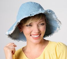 Sun's out? Reach for this wide-brimmed denim hat finished with fabulous fringe. Flip up the front brim, or leave it down for a little extra coverage. From Sprigs. Cheap Denim Blue Hat With Short Brim, Distressed Wide Brim Beach Hat, Distressed Beach Hat For Summer, Distressed Hats For Beach In Summer, Distressed Wide Brim Hat For Summer, Casual Sun Hat With Fringe, Distressed Summer Beach Hats, Distressed Wide Brim Summer Hat, Spring Denim Flat Brim Hat