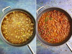 two pictures side by side one with beans and the other with vegetables in it, both being cooked