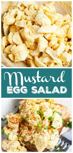 two pictures with the words mustard and egg salad on them in different colors, including green