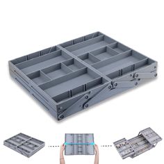 an assortment of plastic trays with dividers on each side and two different sections