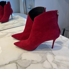 Red Suede Ankle Boots Size 36.5. 3.25" Heels With Pointed Toe And Leather Sole. Zipper Up The Back. Very Good Condition. Red Pointed Toe Heeled Boots With Red Sole, Party Ankle-high Boots With Red Sole, Ankle-high Suede Boots With Red Sole, Elegant Red Boots With 4-inch Heel, Red Pointed Toe Boots With 4-inch Heel, Giuseppe Zanotti Shoes, Red Suede, Suede Ankle Boots, Giuseppe Zanotti