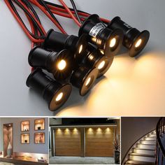 there are many different types of lights on the stairs and in the room below them