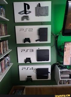 there are many video game controllers on the shelves