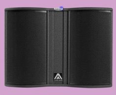 the back side of a speaker with its cover open on a purple background, showing the front panel