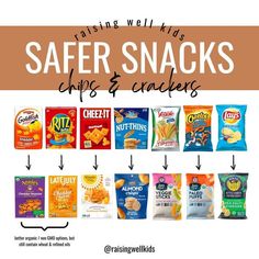 some snacks that are labeled with the words safer snacks and crackers on them