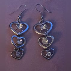 Beautiful 3 Hearts Dangling Earrings With “Diamonds”. Never Worn. Non-Smoking Home. Lighter Is To Compare Height. Boho Lifestyle, 3 Hearts, Earrings With Diamonds, Dangling Earrings, Material Design, Diamonds