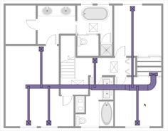 the floor plan for an apartment with two separate rooms and three different plumbing pipes on each side