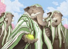 three elephants are dressed in green and white striped clothing, one is holding a tennis ball