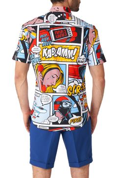 Pop-art cartoons bring color and excitement to a shirt made of crisp, cool cotton with a touch of stretch to keep you turning pages. 26 1/2" length; 43" chest (size Medium) Spread collar Short sleeves 97% cotton, 3% spandex Machine wash, line dry Imported Summer Shirt With Relaxed Fit And Character Print, Summer Relaxed Fit Shirt With Character Print, Casual Multicolor Shirt With Cartoon Print, Multicolor Cotton Shirt With Cartoon Print, Multicolor Cartoon Print Cotton Shirt, Cotton Multicolor Cartoon Print Tops, Cotton Tops With Cartoon Print In Multicolor, Cotton Tops With Multicolor Cartoon Print, Collared Cotton T-shirt With Graphic Print