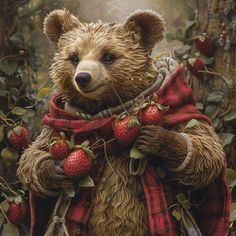 a painting of a teddy bear wearing a scarf and holding strawberries in his hands