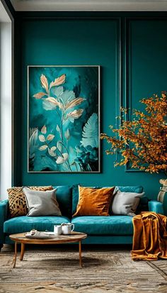 a living room with teal walls and gold pillows on the couch, coffee table