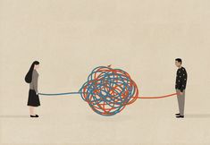 two people are pulling a ball of yarn on a rope that is connected to each other