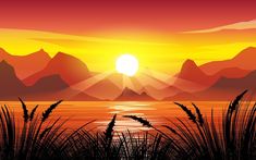 the sun is setting over water with mountains in the background and grass on the shore