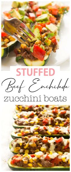 stuffed zucchini boats with beef and vegetables in them are ready to be eaten