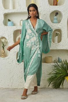 Shop for Twenty Nine Green Embroidered Bandhani Angarkha And Pant Set for Women Online at Aza Fashions Blue Kurta, Luxury Sale, Indian Fashion Designers, Tie And Dye, Pernia Pop Up Shop, Kurta Set, Pant Set, Set For Women, Festival Wear